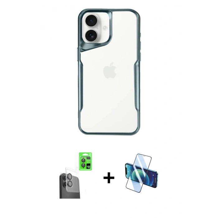 MARSİLYAN™- iPhone 16 Plus Kılıf Akış Çizgi Koleksiyonu - Siyah 3D Antistatik Cam Ekran Koruyucu + Raze Metal Kamera Lens - SH