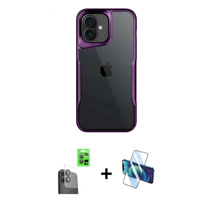 MARSİLYAN™- iPhone 16 Plus Kılıf Akış Çizgi Koleksiyonu - Siyah 3D Antistatik Cam Ekran Koruyucu + Raze Metal Kamera Lens - SH