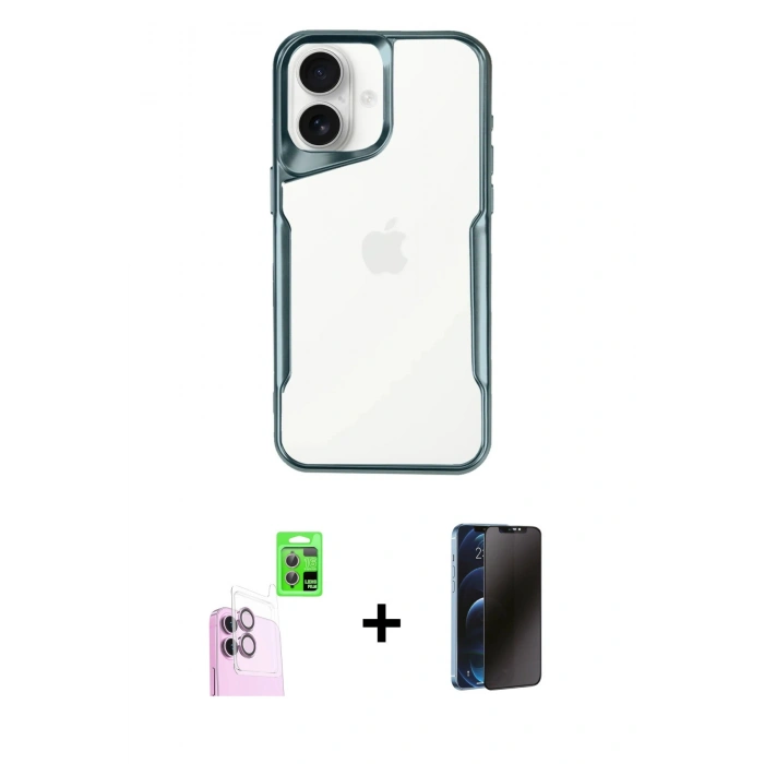 MARSİLYAN™- iPhone 16 Plus Kılıf Akış Çizgi Koleksiyonu - Siyah 3D Antistatik Hayalet Cam Ekran Koruyucu + Pembe Raze Metal Kamera Lens