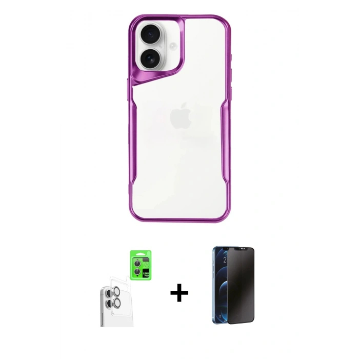 MARSİLYAN™- iPhone 16 Plus Kılıf Akış Çizgi Koleksiyonu - Siyah 3D Antistatik Hayalet Cam Ekran Koruyucu + Raze Metal Kamera Lens - BZ