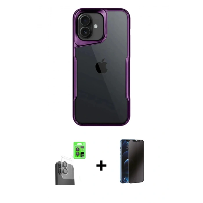 MARSİLYAN™- iPhone 16 Plus Kılıf Akış Çizgi Koleksiyonu - Siyah 3D Antistatik Hayalet Cam Ekran Koruyucu + Raze Metal Kamera Lens - SH