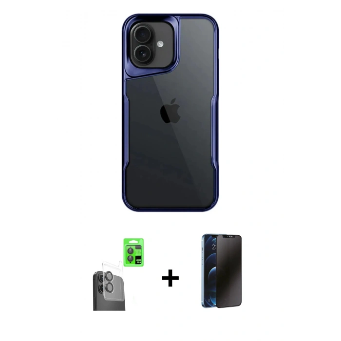 MARSİLYAN™- iPhone 16 Plus Kılıf Akış Çizgi Koleksiyonu - Siyah 3D Antistatik Hayalet Cam Ekran Koruyucu + Raze Metal Kamera Lens - SH