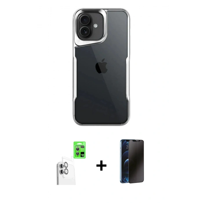MARSİLYAN™- iPhone 16 Plus Kılıf Akış Çizgi Koleksiyonu - Siyah 3D Antistatik Hayalet Cam Ekran Koruyucu + Raze Metal Kamera Lens - BZ