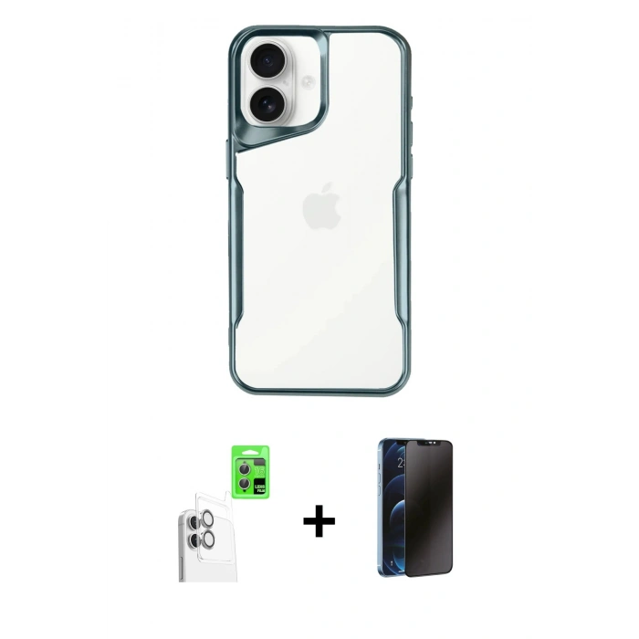 MARSİLYAN™- iPhone 16 Plus Kılıf Akış Çizgi Koleksiyonu - Siyah 3D Antistatik Hayalet Cam Ekran Koruyucu + Raze Metal Kamera Lens - BZ