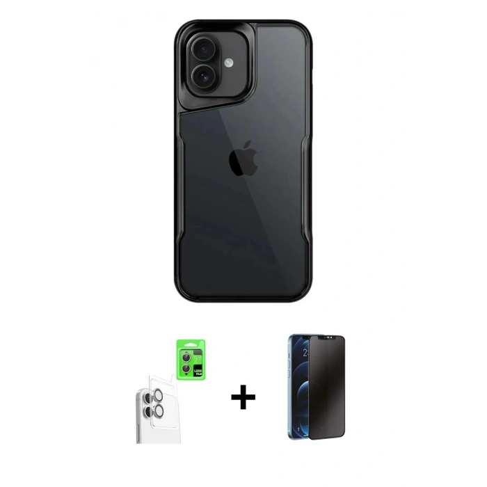MARSİLYAN™- iPhone 16 Plus Kılıf Akış Çizgi Koleksiyonu - Siyah 3D Antistatik Hayalet Cam Ekran Koruyucu + Raze Metal Kamera Lens - BZ