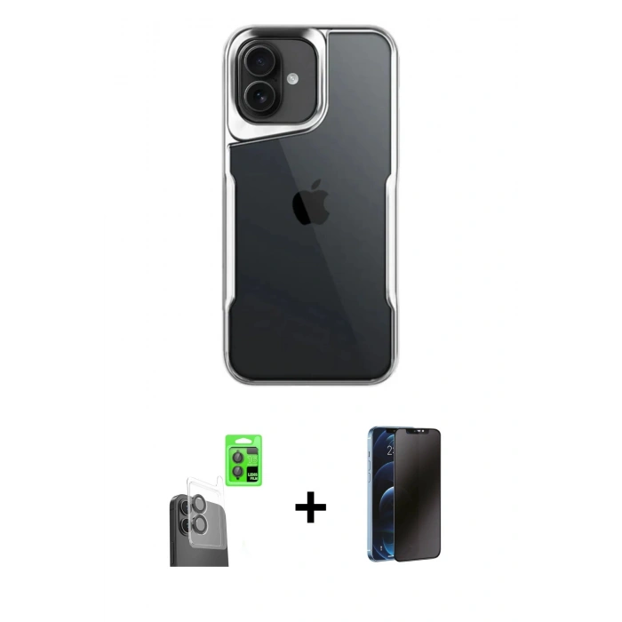 MARSİLYAN™- iPhone 16 Plus Kılıf Akış Çizgi Koleksiyonu - Siyah 3D Antistatik Hayalet Cam Ekran Koruyucu + Raze Metal Kamera Lens - SH