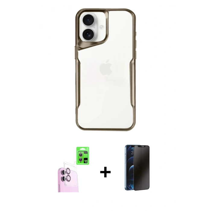 MARSİLYAN™- iPhone 16 Plus Kılıf Akış Çizgi Koleksiyonu - Siyah 3D Antistatik Hayalet Cam Ekran Koruyucu + Pembe Raze Metal Kamera Lens