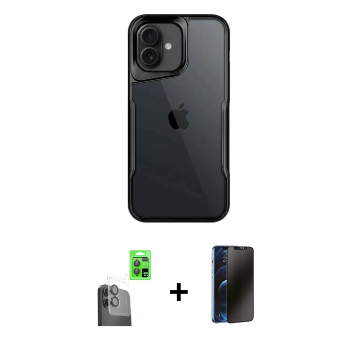 MARSİLYAN™- iPhone 16 Plus Kılıf Akış Çizgi Koleksiyonu - Siyah 3D Antistatik Hayalet Cam Ekran Koruyucu + Raze Metal Kamera Lens - SH