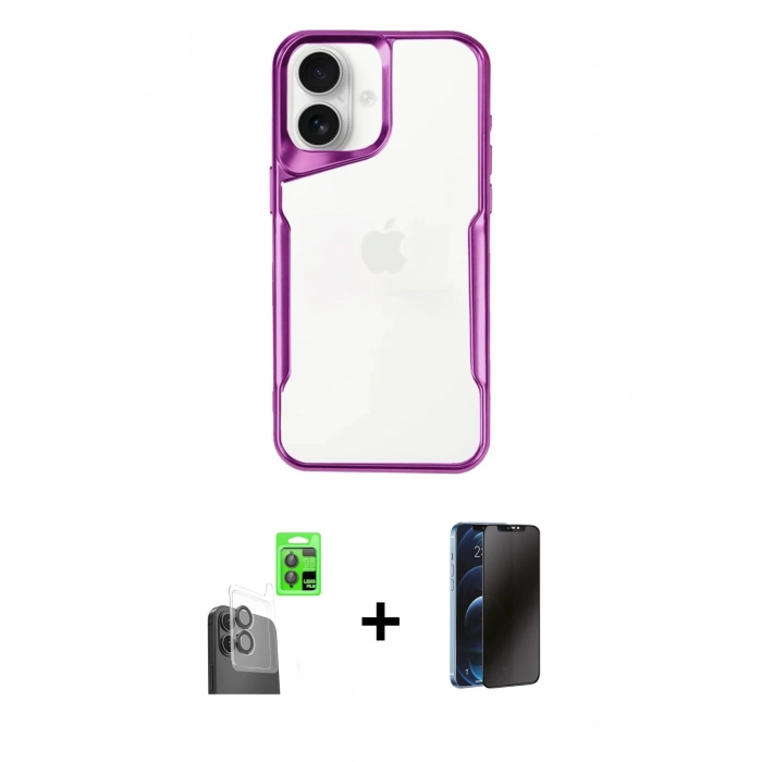 MARSİLYAN™- iPhone 16 Plus Kılıf Akış Çizgi Koleksiyonu - Siyah 3D Antistatik Hayalet Cam Ekran Koruyucu + Raze Metal Kamera Lens - SH