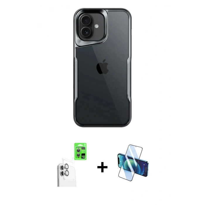 MARSİLYAN™- iPhone 16 Plus Kılıf Akış Çizgi Koleksiyonu - Siyah 3D Antistatik Seramik Nano Ekran Koruyucu + Raze Metal Kamera Lens - BZ