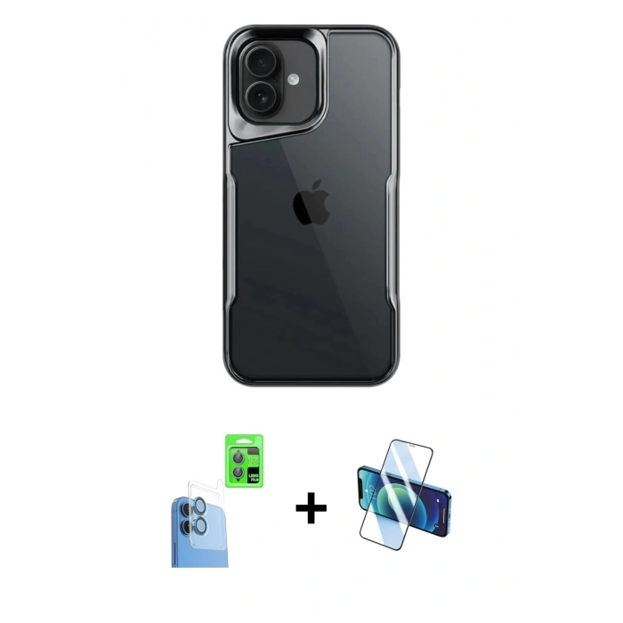 MARSİLYAN™- iPhone 16 Plus Kılıf Akış Çizgi Koleksiyonu - Siyah 3D Antistatik Seramik Nano Ekran Koruyucu + Raze Metal Kamera Lens - LT