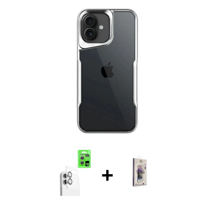 MARSİLYAN™- iPhone 16 Plus Kılıf Akış Çizgi Koleksiyonu - Siyah Bilvis 3D Cam Ekran Koruyucu + Raze Metal Kamera Lens - BZ