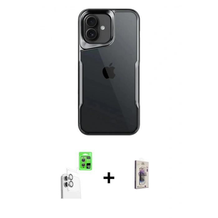 MARSİLYAN™- iPhone 16 Plus Kılıf Akış Çizgi Koleksiyonu - Siyah Bilvis 3D Cam Ekran Koruyucu + Raze Metal Kamera Lens - BZ
