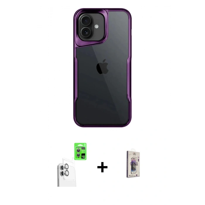MARSİLYAN™- iPhone 16 Plus Kılıf Akış Çizgi Koleksiyonu - Siyah Bilvis 3D Cam Ekran Koruyucu + Raze Metal Kamera Lens - BZ