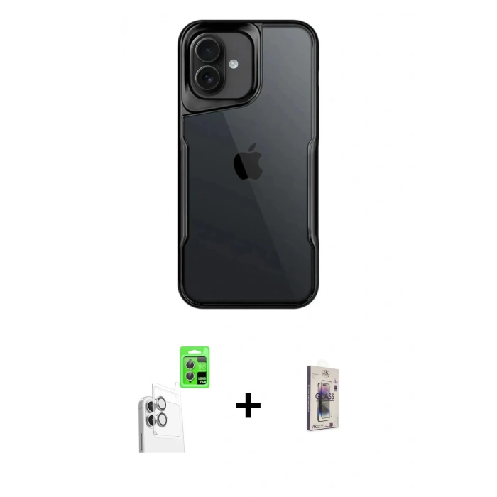 MARSİLYAN™- iPhone 16 Plus Kılıf Akış Çizgi Koleksiyonu - Siyah Bilvis 3D Cam Ekran Koruyucu + Raze Metal Kamera Lens - BZ
