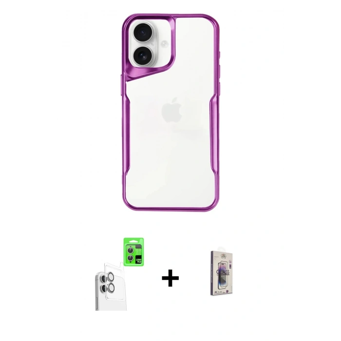 MARSİLYAN™- iPhone 16 Plus Kılıf Akış Çizgi Koleksiyonu - Siyah Bilvis 3D Cam Ekran Koruyucu + Raze Metal Kamera Lens - BZ