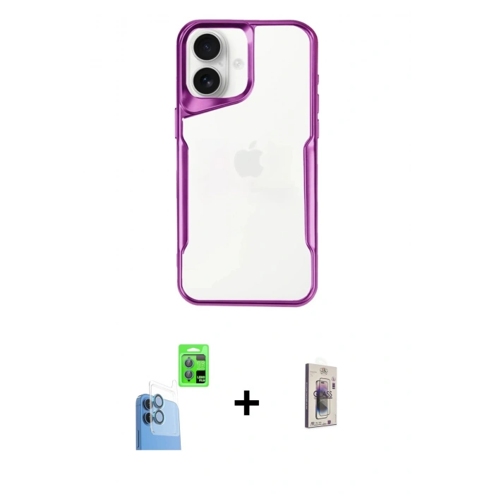 MARSİLYAN™- iPhone 16 Plus Kılıf Akış Çizgi Koleksiyonu - Siyah Bilvis 3D Cam Ekran Koruyucu + Raze Metal Kamera Lens - LT