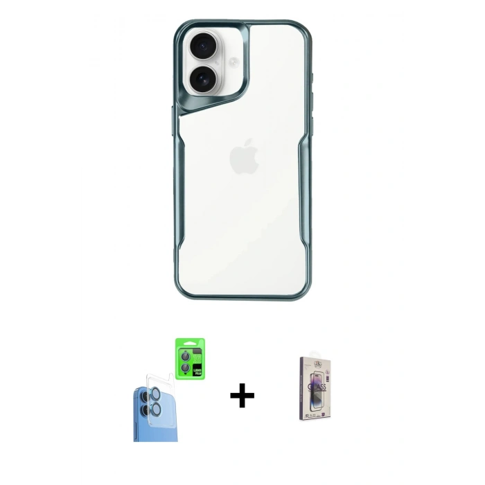 MARSİLYAN™- iPhone 16 Plus Kılıf Akış Çizgi Koleksiyonu - Siyah Bilvis 3D Cam Ekran Koruyucu + Raze Metal Kamera Lens - LT