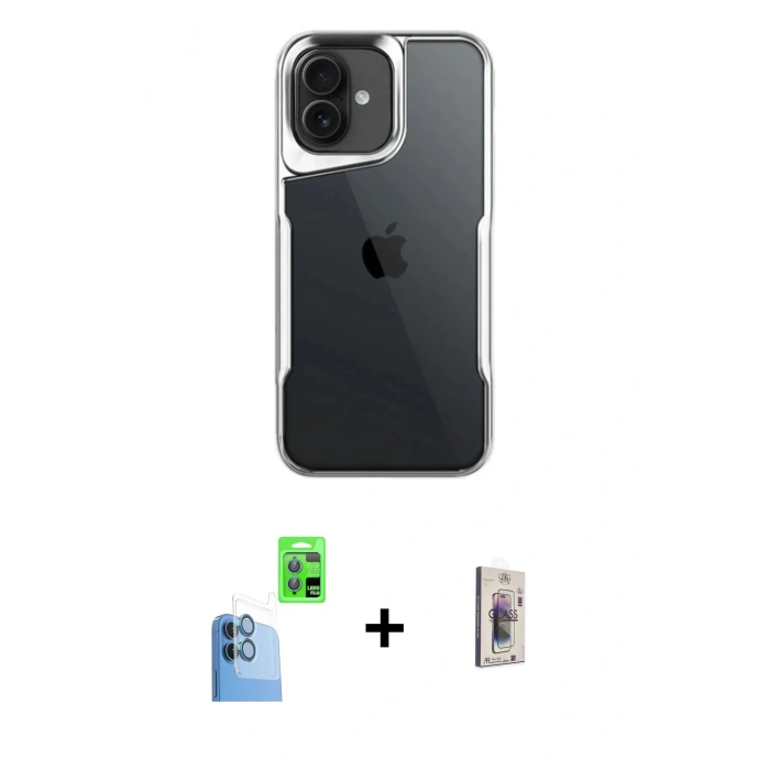 MARSİLYAN™- iPhone 16 Plus Kılıf Akış Çizgi Koleksiyonu - Siyah Bilvis 3D Cam Ekran Koruyucu + Raze Metal Kamera Lens - LT