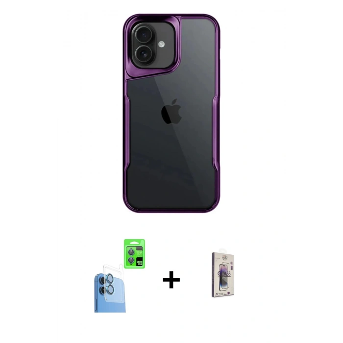 MARSİLYAN™- iPhone 16 Plus Kılıf Akış Çizgi Koleksiyonu - Siyah Bilvis 3D Cam Ekran Koruyucu + Raze Metal Kamera Lens - LT