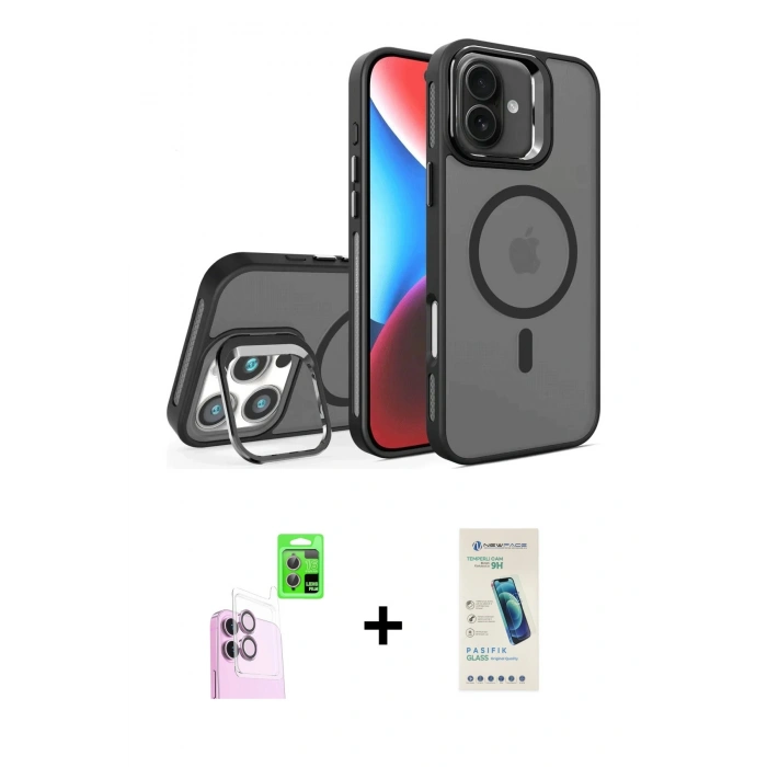 MARSİLYAN™- iPhone 16 Plus Kılıf Akış Form - Şeffaf Pasifik Cam Ekran Koruyucu + Pembe Raze Metal Kamera Lens