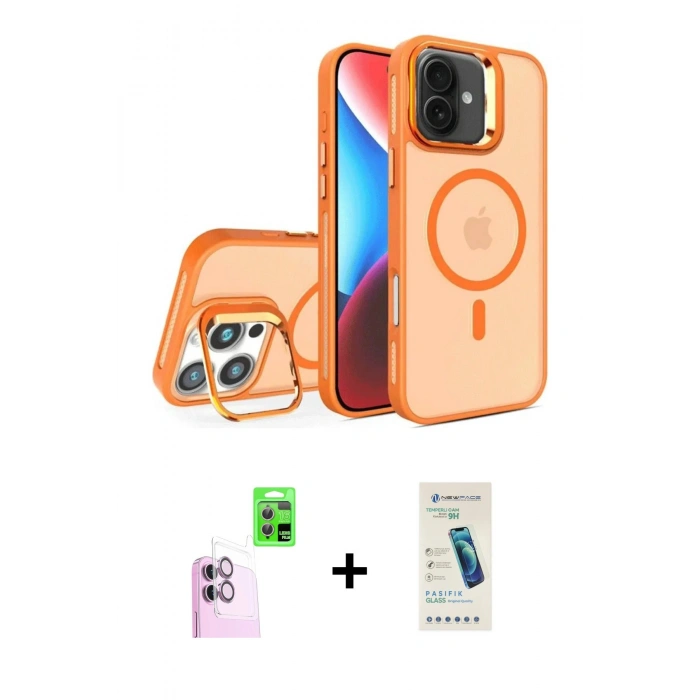 MARSİLYAN™- iPhone 16 Plus Kılıf Akış Form - Şeffaf Pasifik Cam Ekran Koruyucu + Pembe Raze Metal Kamera Lens