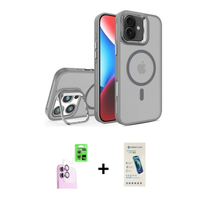MARSİLYAN™- iPhone 16 Plus Kılıf Akış Form - Şeffaf Pasifik Cam Ekran Koruyucu + Pembe Raze Metal Kamera Lens