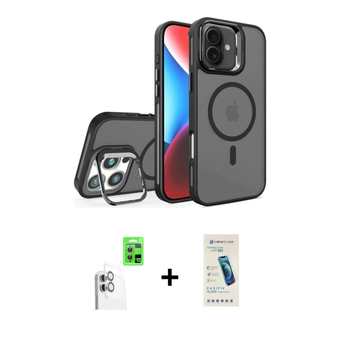 MARSİLYAN™- iPhone 16 Plus Kılıf Akış Form - Şeffaf Pasifik Cam Ekran Koruyucu + Raze Metal Kamera Lens - BZ