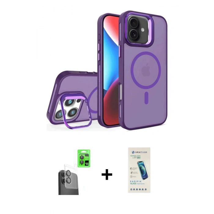 MARSİLYAN™- iPhone 16 Plus Kılıf Akış Form - Şeffaf Pasifik Cam Ekran Koruyucu + Siyah Raze Metal Kamera Lens