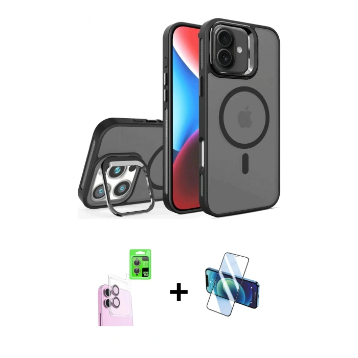 MARSİLYAN™- iPhone 16 Plus Kılıf Akış Form - Siyah 3D Antistatik Cam Ekran Koruyucu + Raze Metal Kamera Lens - PE