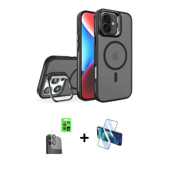 MARSİLYAN™- iPhone 16 Plus Kılıf Akış Form - Siyah 3D Antistatik Cam Ekran Koruyucu + Raze Metal Kamera Lens - SH