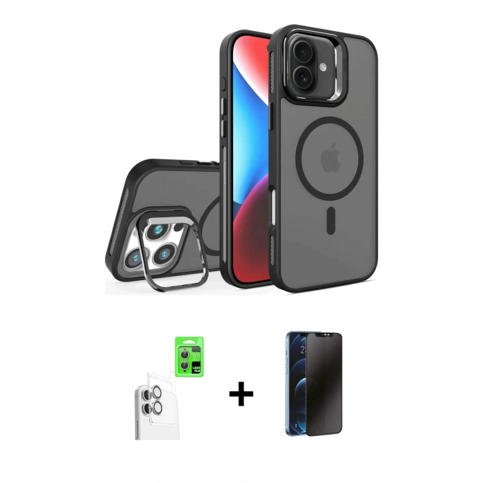 MARSİLYAN™- iPhone 16 Plus Kılıf Akış Form - Siyah 3D Antistatik Hayalet Cam Ekran Koruyucu + Raze Metal Kamera Lens - BZ