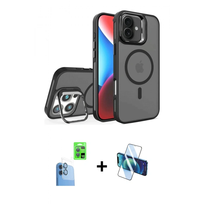 MARSİLYAN™- iPhone 16 Plus Kılıf Akış Form - Siyah 3D Antistatik Seramik Nano Ekran Koruyucu + Raze Metal Kamera Lens - LT