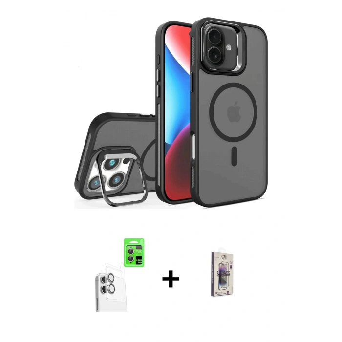 MARSİLYAN™- iPhone 16 Plus Kılıf Akış Form - Siyah Bilvis 3D Cam Ekran Koruyucu + Raze Metal Kamera Lens - BZ
