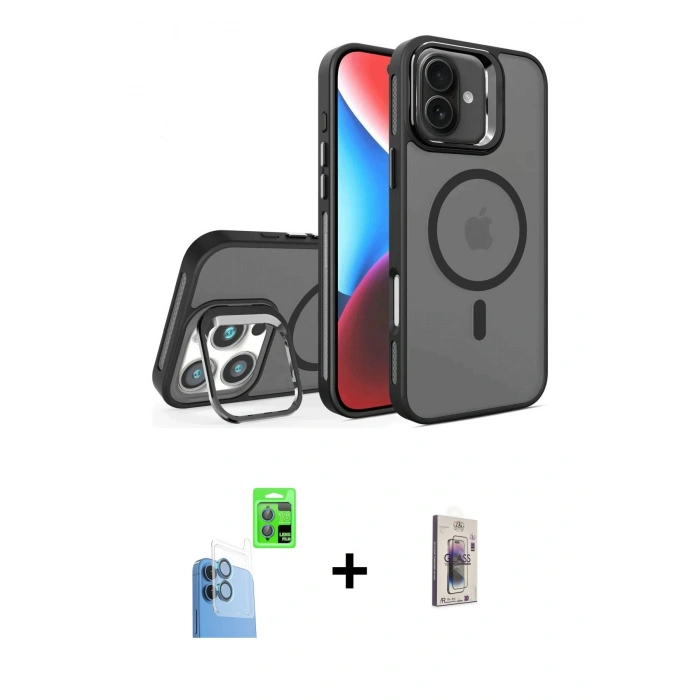 MARSİLYAN™- iPhone 16 Plus Kılıf Akış Form - Siyah Bilvis 3D Cam Ekran Koruyucu + Raze Metal Kamera Lens - LT