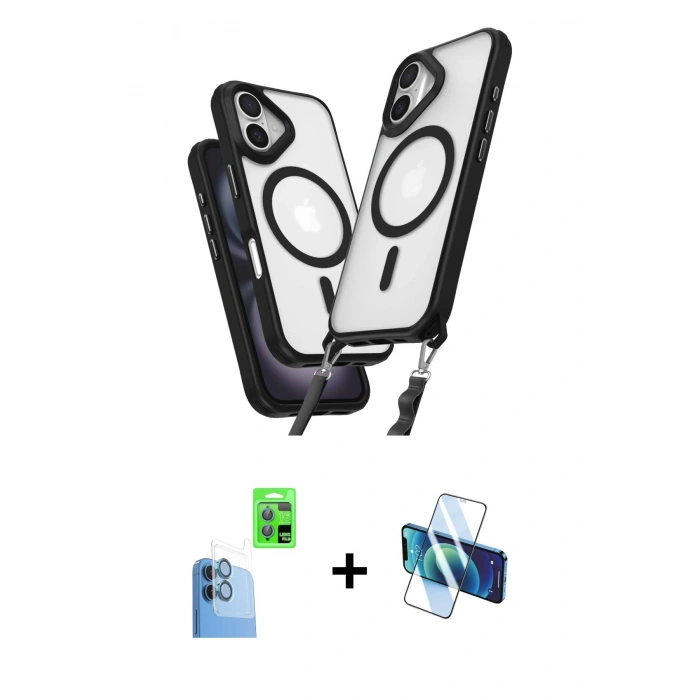 MARSİLYAN™- iPhone 16 Plus Kılıf Atlas Doku Koleksiyonu - Siyah 3D Antistatik Cam Ekran Koruyucu + Raze Metal Kamera Lens - LT