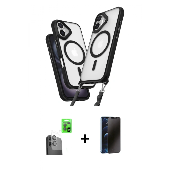 MARSİLYAN™- iPhone 16 Plus Kılıf Atlas Doku Koleksiyonu - Siyah 3D Antistatik Hayalet Cam Ekran Koruyucu + Raze Metal Kamera Lens - SH