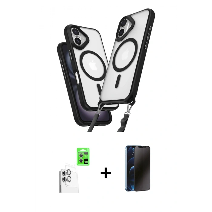 MARSİLYAN™- iPhone 16 Plus Kılıf Atlas Doku Koleksiyonu - Siyah 3D Antistatik Hayalet Cam Ekran Koruyucu + Raze Metal Kamera Lens - BZ