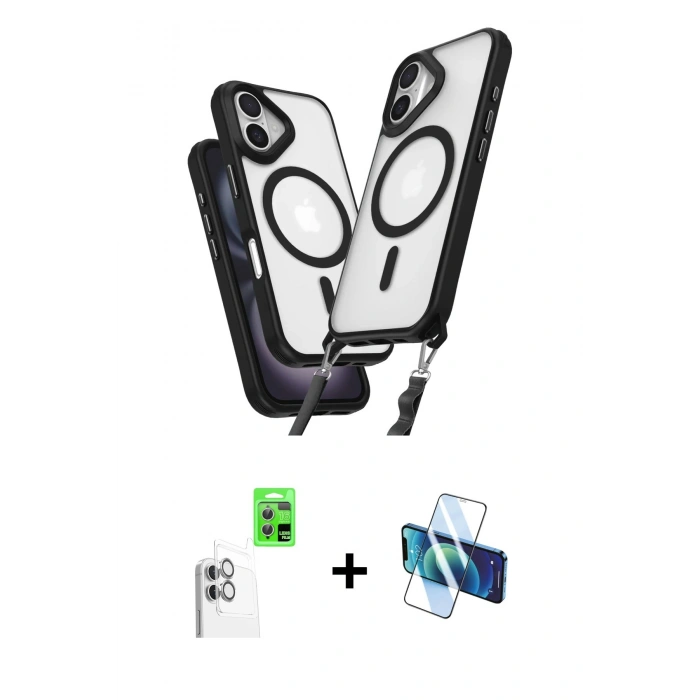 MARSİLYAN™- iPhone 16 Plus Kılıf Atlas Doku Koleksiyonu - Siyah 3D Antistatik Seramik Nano Ekran Koruyucu + Raze Metal Kamera Lens - BZ
