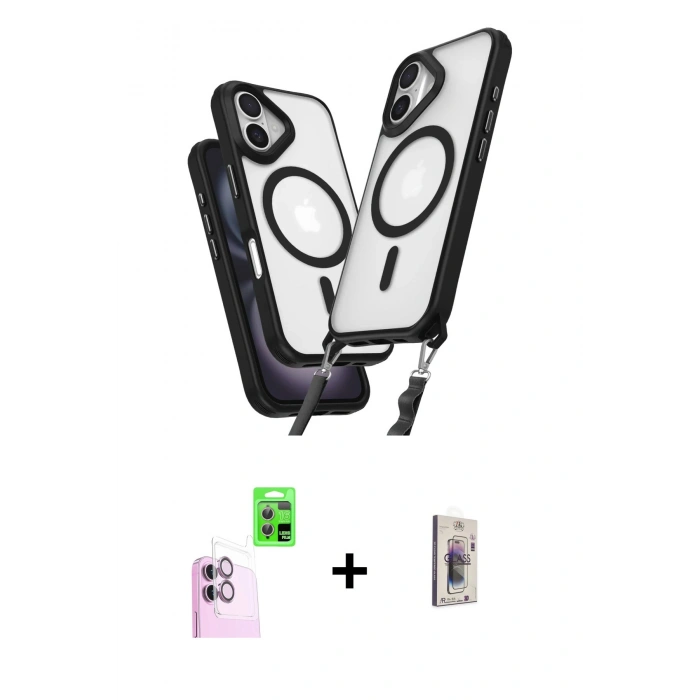 MARSİLYAN™- iPhone 16 Plus Kılıf Atlas Doku Koleksiyonu - Siyah Bilvis 3D Cam Ekran Koruyucu + Raze Metal Kamera Lens - PE