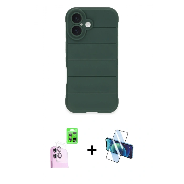 MARSİLYAN™- iPhone 16 Plus Kılıf Atlas Koleksiyonu - Siyah 3D Antistatik Seramik Nano Ekran Koruyucu + Raze Metal Kamera Lens - PE