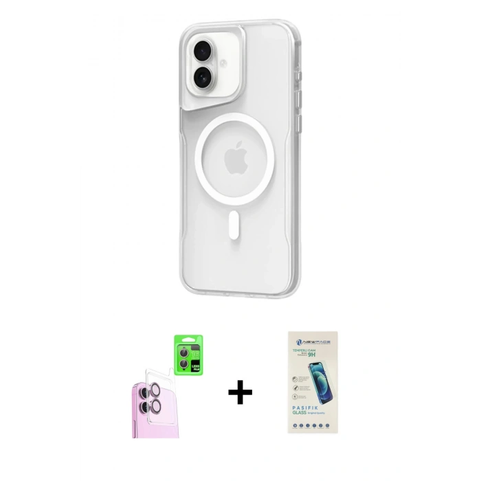 MARSİLYAN™- iPhone 16 Plus Kılıf Atlas Serisi - Şeffaf Pasifik Cam Ekran Koruyucu + Raze Metal Kamera Lens - PE