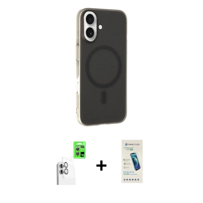MARSİLYAN™- iPhone 16 Plus Kılıf Çekirdek Modern Prime - Şeffaf Pasifik Cam Ekran Koruyucu + Raze Metal Kamera Lens - BZ