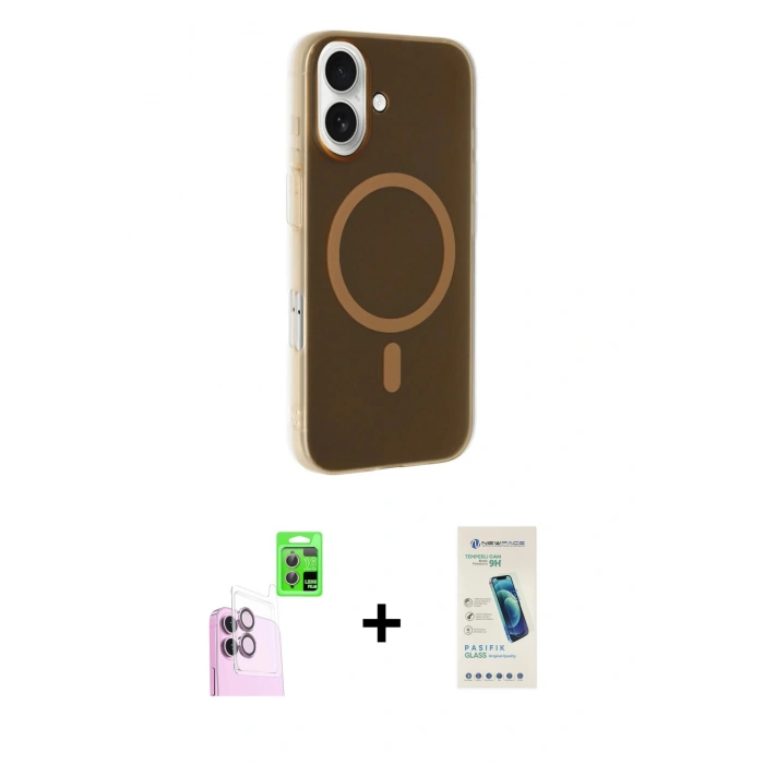 MARSİLYAN™- iPhone 16 Plus Kılıf Çekirdek Modern Prime - Şeffaf Pasifik Cam Ekran Koruyucu + Pembe Raze Metal Kamera Lens