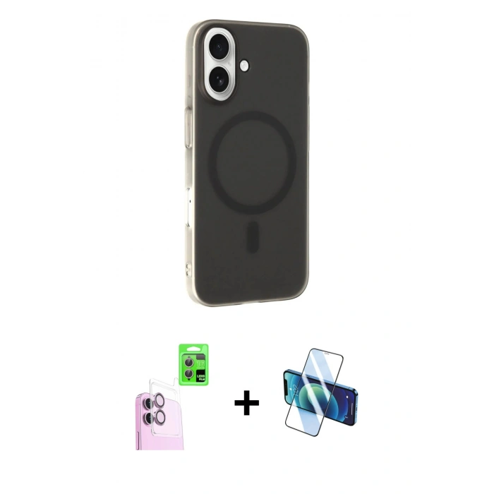 MARSİLYAN™- iPhone 16 Plus Kılıf Çekirdek Modern Prime - Siyah 3D Antistatik Seramik Nano Ekran Koruyucu + Raze Metal Kamera Lens - PE