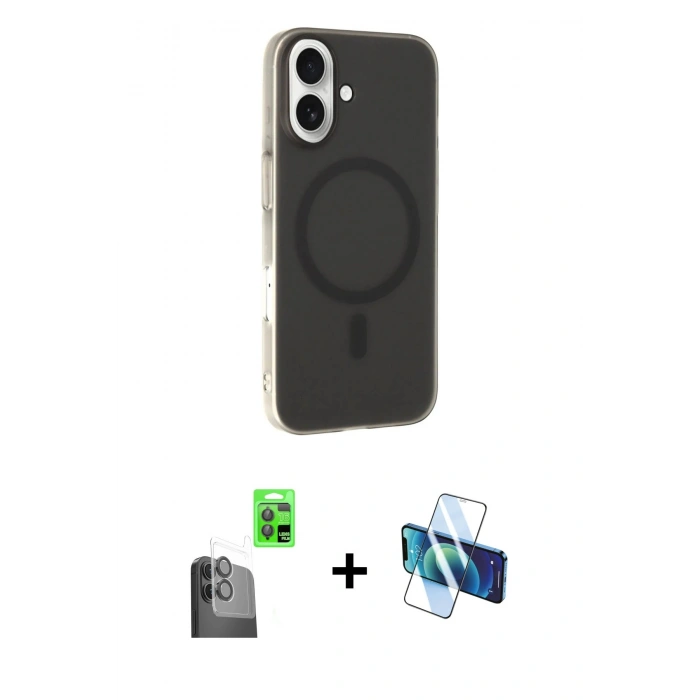 MARSİLYAN™- iPhone 16 Plus Kılıf Çekirdek Modern Prime - Siyah 3D Antistatik Seramik Nano Ekran Koruyucu + Siyah Raze Metal Kamera Lens