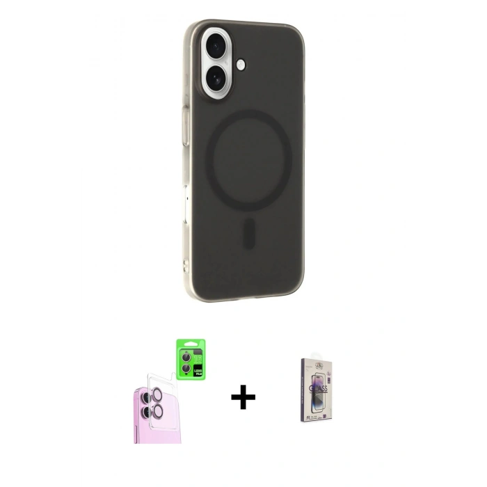 MARSİLYAN™- iPhone 16 Plus Kılıf Çekirdek Modern Prime - Siyah Bilvis 3D Cam Ekran Koruyucu + Raze Metal Kamera Lens - PE
