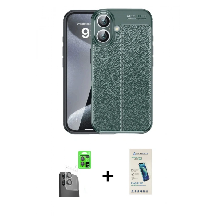 MARSİLYAN™- iPhone 16 Plus Kılıf Doruk Klasik Özel Seri - Şeffaf Pasifik Cam Ekran Koruyucu + Raze Metal Kamera Lens - SH