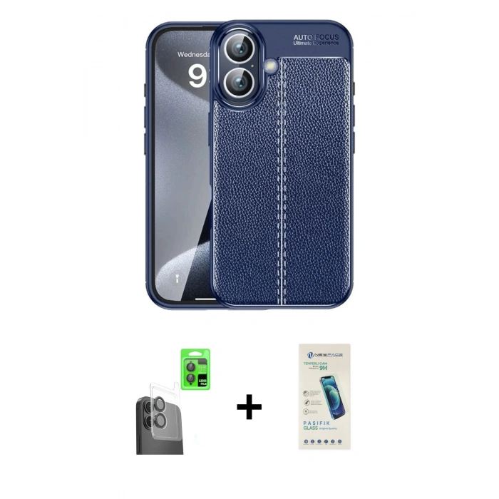 MARSİLYAN™- iPhone 16 Plus Kılıf Doruk Klasik Özel Seri - Şeffaf Pasifik Cam Ekran Koruyucu + Raze Metal Kamera Lens - SH