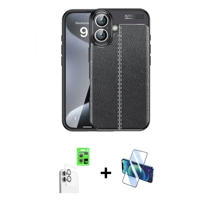 MARSİLYAN™- iPhone 16 Plus Kılıf Doruk Klasik Özel Seri - Siyah 3D Antistatik Cam Ekran Koruyucu + Raze Metal Kamera Lens - BZ